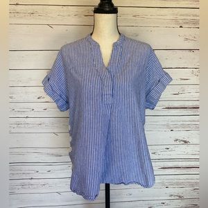 Nicole Miller Nautical Blue and White Stripe Linen Cotton Blend Blouse Shirt L